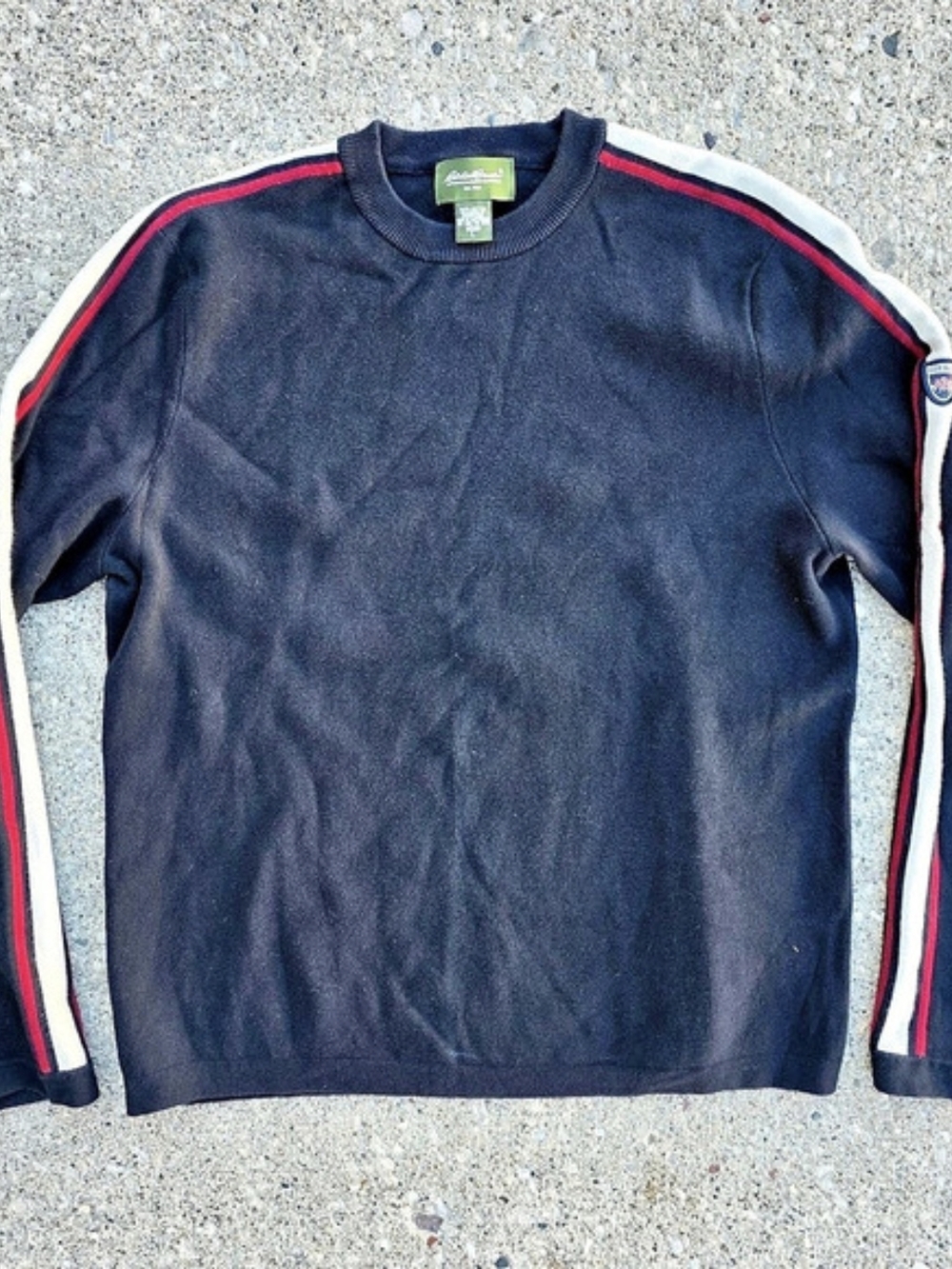 Eddie Bauer Men’s L Black Racing Stripe Crewneck Sweater 1920 Patch